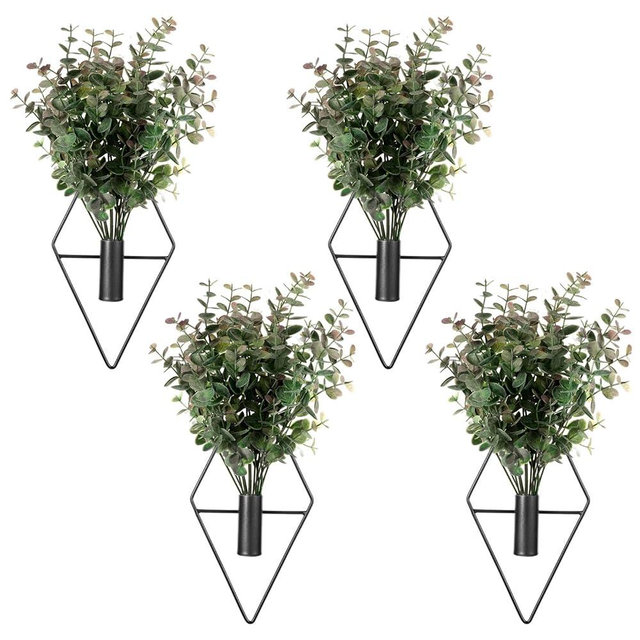 4 Pcs Hallway Decor Hanging Planters, Artificial Eucalyptus Wall Plants with Modern Geometric Design, Black Boho Wall Decor for Indoor Spaces, Stylish Home Accent for Living Room, Hallway & Bedroom