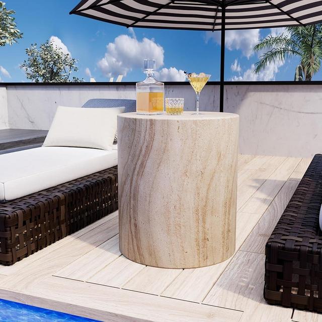 Royal Windsor Outdoor Side Table for Patio, Faux Travertine Cylindrica, Stylish Beige Stone Design, Lightweight Durable Accent Table for Living Room, Garden, or Pool