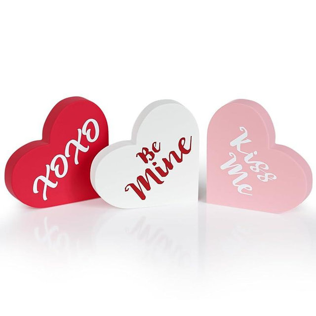 LXDNBGO Valentines Day Decorations - 3 Pcs Large Wood Heart Shape Signs, Conversation Heart Decoration, Valentines Day Decor for Home, Office, Tiered Tray, Shelf, Mantel, Table