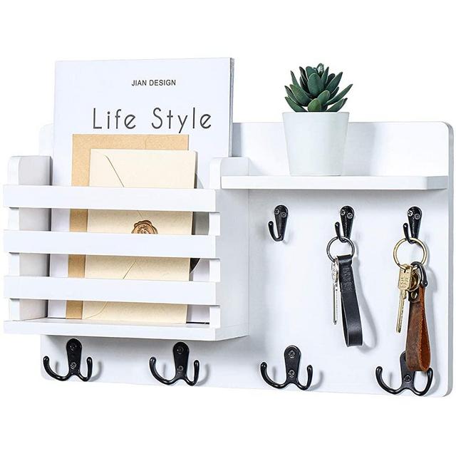Mail Holder for Wall – Mail Organizer with Key Hooks for Hallway Kitchen Farmhouse Decor – Letter Sorter Made of Natural Pine with Floating Shelf and Flush Mount Hardware (16.8” x 10” x 3.2”)