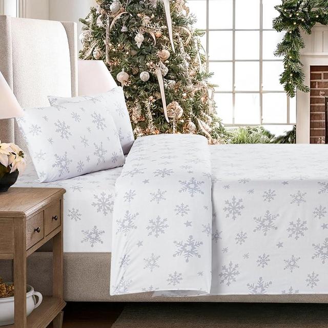 Bloom Studio Sheet Set King Size 4PC Printed Bed Sheets Snow White Gray Soft Microfiber 15”Deep Pocket Sheet Set, Easy Care, Breathable, Wrinkle Free, Machine Washable Bed Set