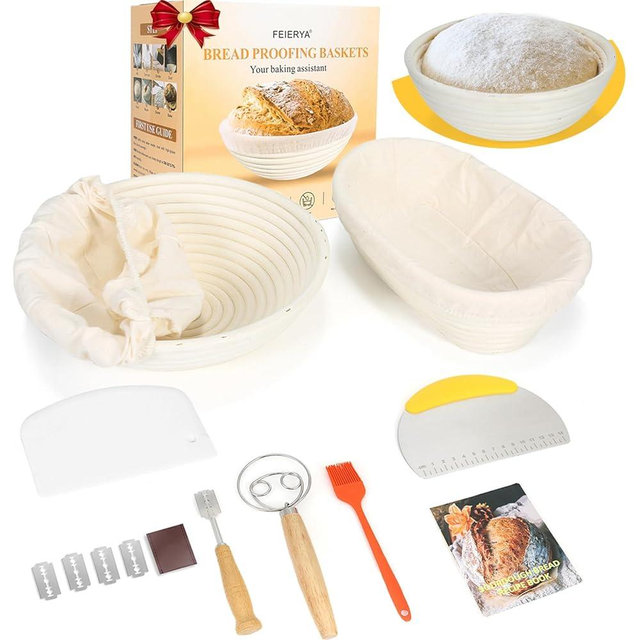 FEIERYA Banneton Bread Proofing Basket Set with Liners,9 Inch Round & 10 Inch Oval Sourdough Baking Kit for Professional & Home Use