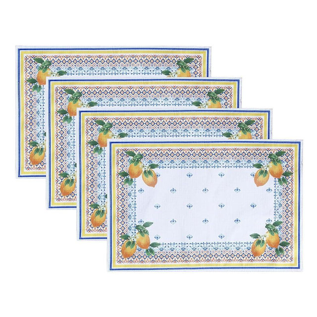 Elrene Home Fashions Capri Lemon Mediterranean Spring/Summer Double-Bordered Fabric Placemats, Set of 4, 13"x19"