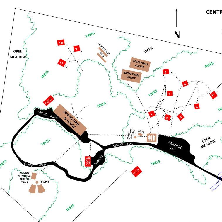 Map of Central Idaho 4-H Camp showing the ceremony meadow, reception lodge, and parking areas.