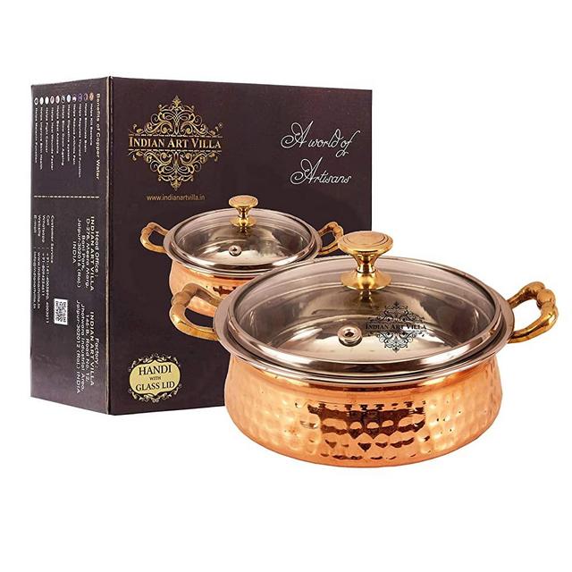 IndianArtVilla Hammered Steel Copper Casserole Donga Bowl with Glass Lid,Serveware & Tableware,74 OZ