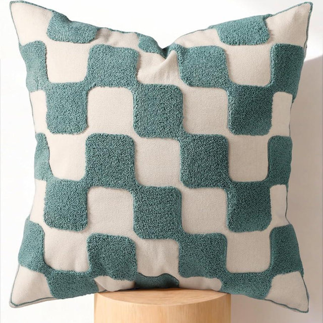 Kokaaee Embroidered Throw Pillow Cover 18x18 Inch - Modern Geometric Decorative Pillow Cover with Zipper for Sofa Couch Living Room Chair Bed Car Aesthetic Design Cushion Pillowcase, Green Plaid