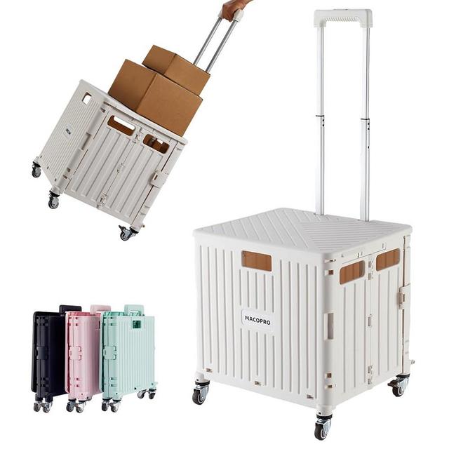 Foldable Utility Cart Folding Portable Rolling Crate Handcart with Durable Heavy Duty Plastic Telescoping Handle Collapsible 4 Rotate Wheels for Travel,Shopping, Luggage, Office, Teacher(White)