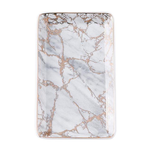 Chic Marble Print Ceramic Jewelry Crafts Trinket Rectangle Tray with Golden Edge