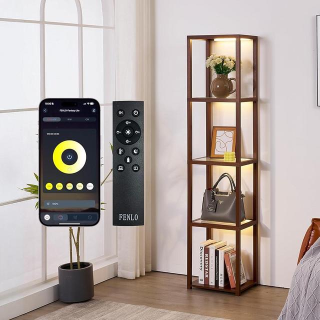 FENLO LED Display Shelf Unit – Dimmable Lighted Furniture for Bedroom, Living Room, or Office – Glass Curio Cabinet Shelf Lamp with App + Remote Control + Adjustable Lighting