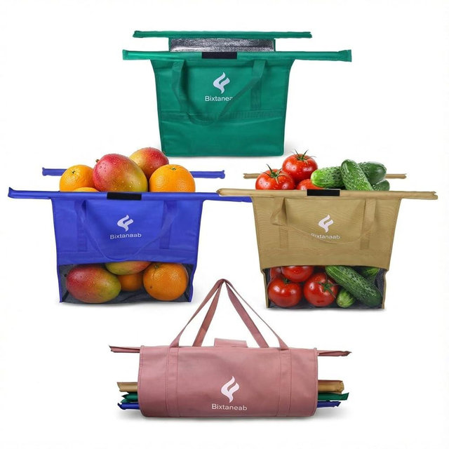 Bixtaneab Shopping Cart Bags for Groceries, 4-Pack Collapsible Reusable Grocery Cart Bags with Sturdy Carry Handles + 1 Insulated Bag, Foldable Cart Organizer for Supermarket & Farmers Market