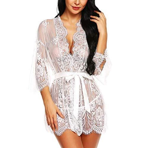 RSLOVE Women's Lace Kimono Robe Lingerie Eyelash Babydoll Sheer Nightwear