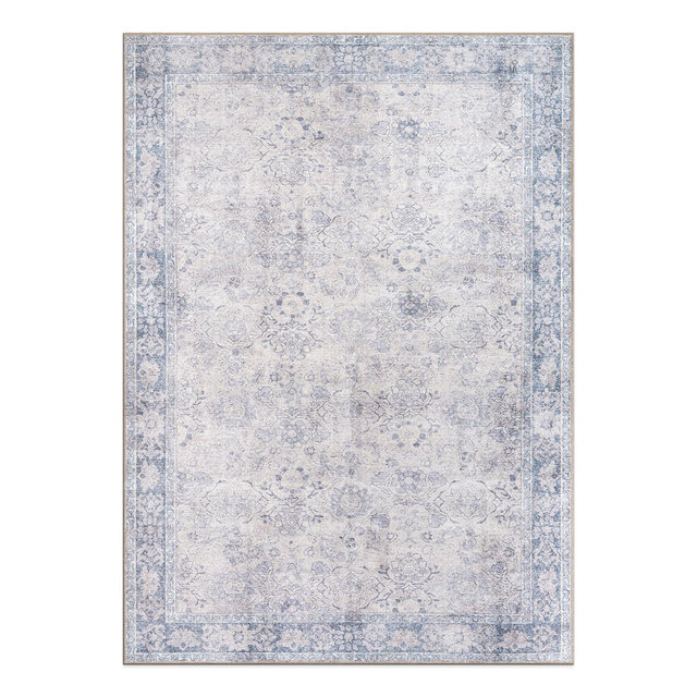 World Rug Gallery Transitional Bordered Vintage Machine Washable Non Slip Area Rug - BLUE 7'7"X9'6"