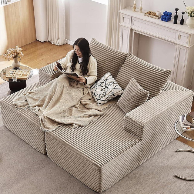 ODUWA Oversized Double Chaise Lounges Indoor,Upholstered Boneless Cloud Stupendous Oversized Chaise Lounge Couch Luxury Sofa Bed Deep Seat - Plush Corduroy Lounge Chair,2 Pieces,Camel