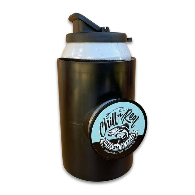 Chill-N-Reel Fishing Can Cooler (from Shark Tank) | Hard Shell Drink Holder with Hand Line Reel Attached | Fits Any Standard Insulator Sleeve or Coozie | Unique Fun Fishing Gift (Black & Spill Guard)