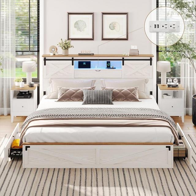 Hasuit Farmhouse Bed Frame King Size with Storage Bookcase Headboard, Wooden King Bed with LED Lights, Charging Station, 2 Drawers, Country Rustic Bed Frame with Sliding Barn Door