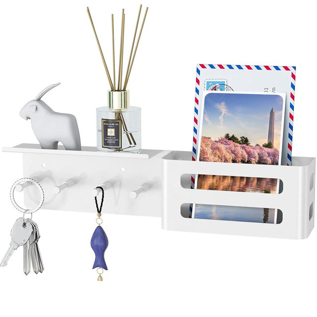 MKO Key Holder for Wall, 12.2In Mail Organizer Holder with Shelf, Metal Key Rack Adhesive Wall Mount, White