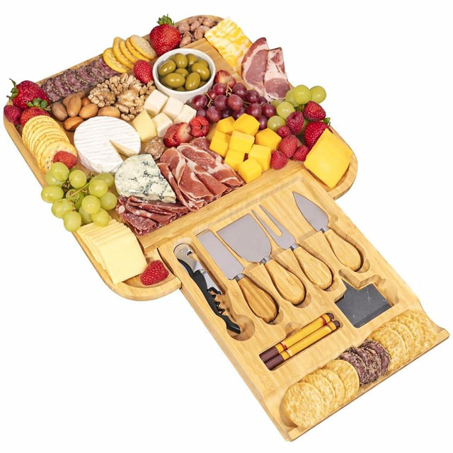 Charcuterie Board Set with Knife Drawer – Large Bamboo Cheese Board Set with Knives, Serving Board for Meat, Cheese & Appetizers – Housewarming & Wedding Gift