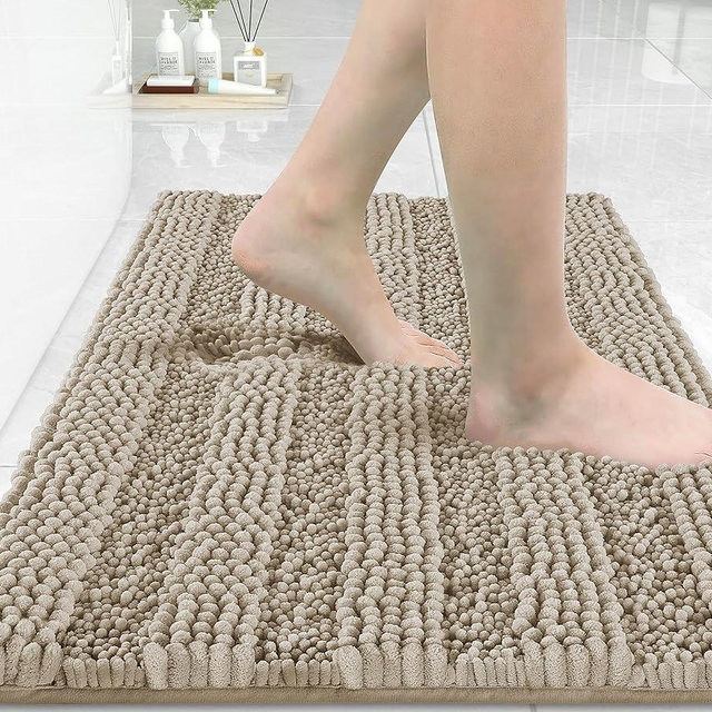 Yimobra Bathroom Rug Mat 32 x 20, Non Slip and Super Absorbent Bath Mat,Machine Washable Quick Dry,Ultra Plush Chenille Shower Rugs for Bathroom Floor Sink Tub and Shower Outside,Camel