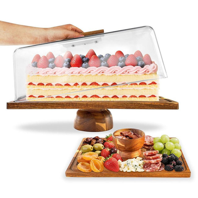 Acacia-Wood-Cake-Stand With Acrylic Lid, Rectangular Cake Plates Charcuterie Board With Cover, 2-in-1 Cake Holder With Dome，Dessert Table Display Stand For Cheese, Chips & Dips, Nachos, Fruit Platter