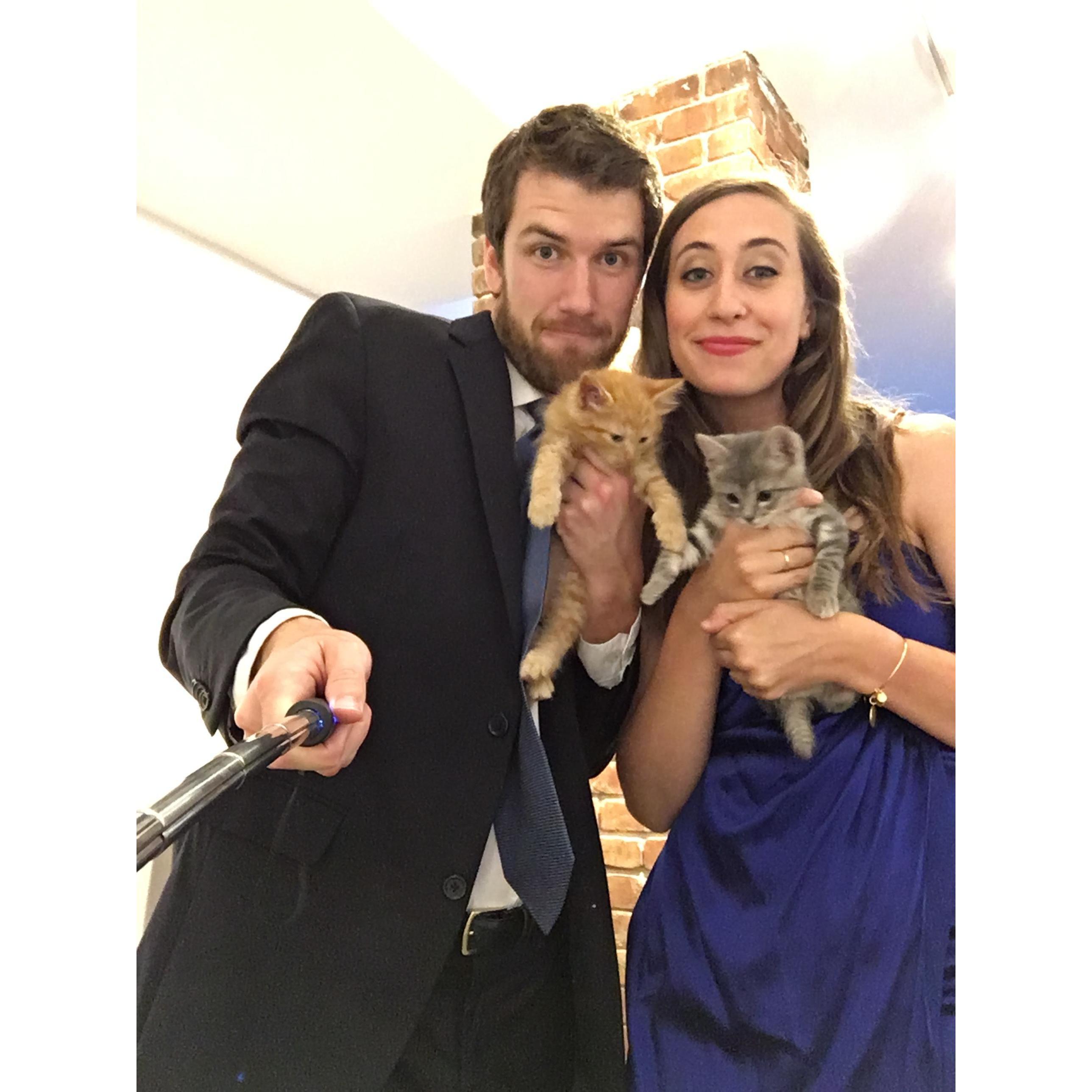 Here we are dressed up for Stanford grad prom in 2016. Corey was also fostering two adorable kittens at the time! They are much cuter than us.