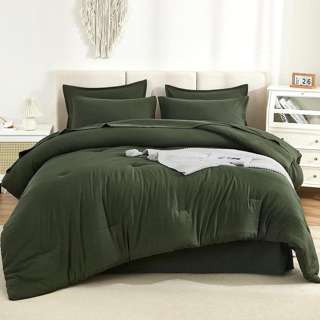 Litanika Dark Olive Green California King Size Comforter Set - 7 Pieces Bed in a Bag Cal King Bedding Comforter Sets, Plain Lightweight Bed Set with Comforter, Sheets, Pillowcases & Shams