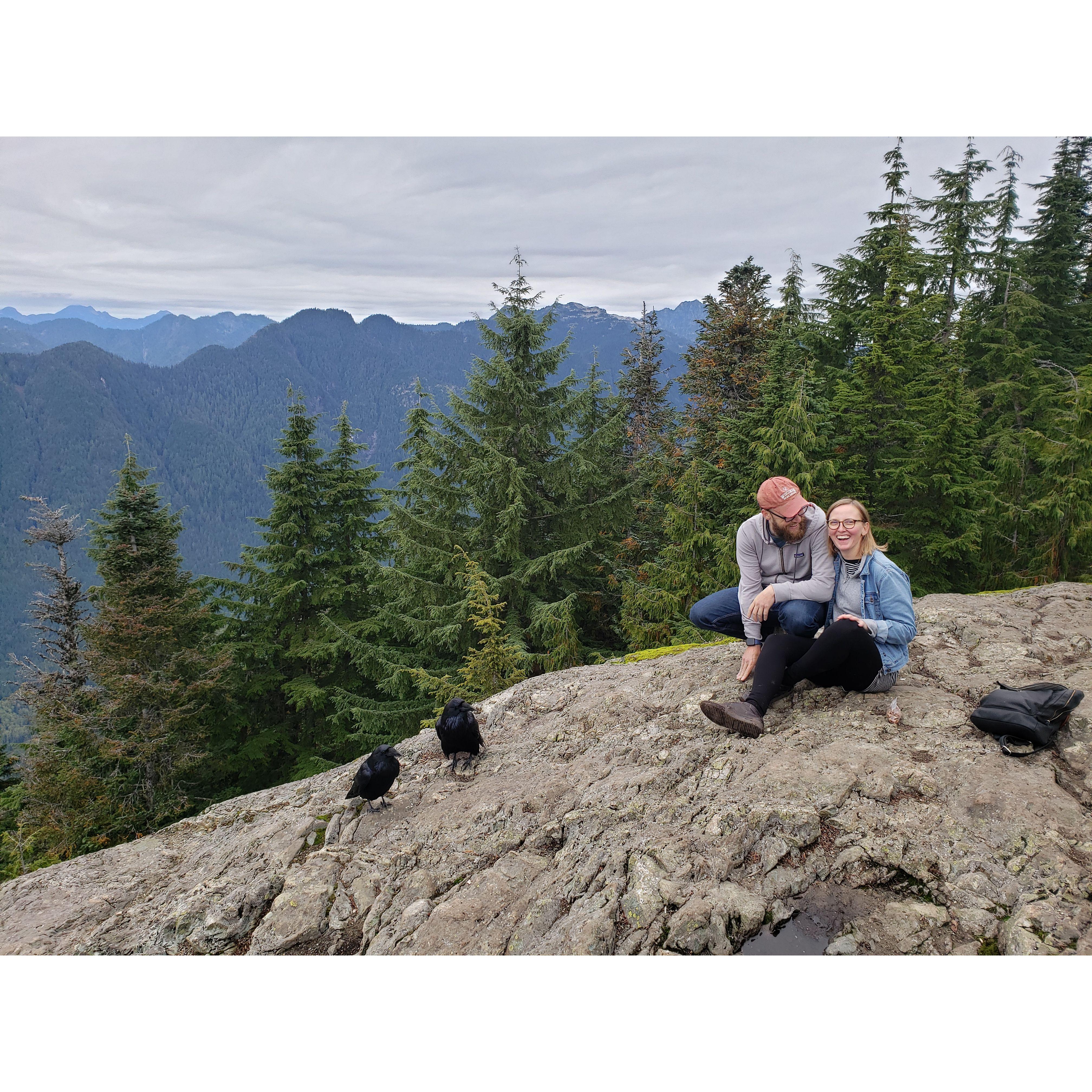 Hanging out with some ravens on a hike near Vancouver, visiting Devon and Brandon