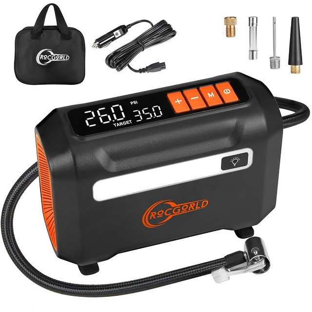 ROCGORLD R8 Tire Inflator Portable Air Compressor, DC 12V Air Compressor for Car with Large Dual Digital Screen, 3X Faster Inflation Air Pump for Car Tires, Bike, Ball, Motor - Car Accessories
