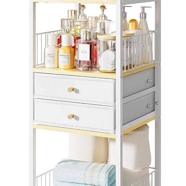 Makeup Organizer Cart with Drawers, Rolling Bathroom Organizers and Storage- Versatile Skincare & Perfume Storage Vanity Organizer, Natural Wood & White Iron