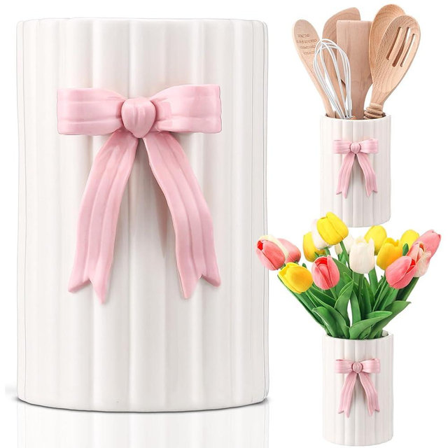 LemonRoad Handmade Pink Bow Ceramic Utensil Holder 3D Coquette Cooking Utensil Crock with Scalloped Edge Design Preppy Storage Caddy Organizer Vase Decor for Kitchen Countertop Housewarming Gift