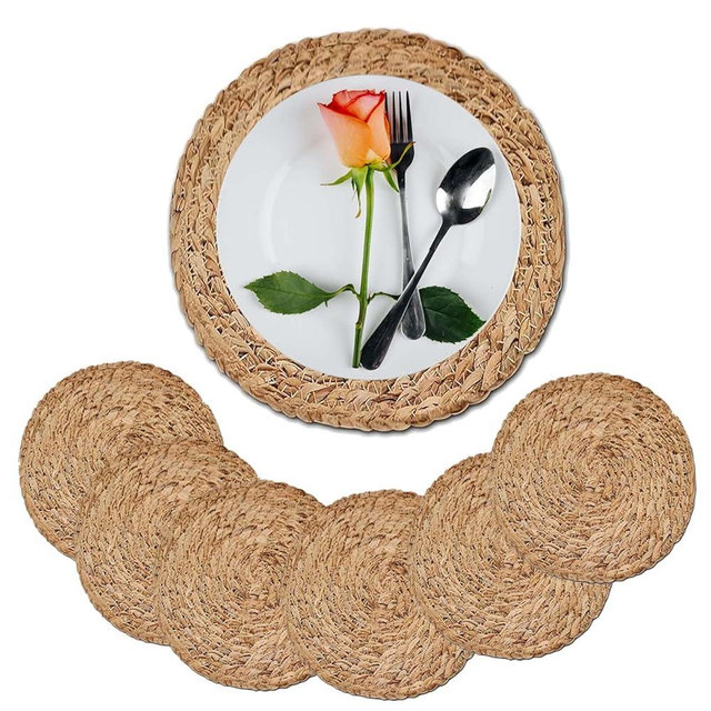 Round Woven Placemats Set of 6,12 inch Round Braided Placemats, Natural Water Hyacinth Placemats,Boho Rattan Wicker Placemats,Farmhouse Weave Place Mats, Heat Resistant Table Mats