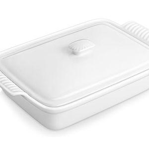 MALACASA 3.4 Quart Baking Dish With Lid, Porcelain Casserole dish with Lid, 13 x 9 Lasagna Pan Deep with Lid, Rectangular Bakeware With Handle, Microwave, Oven Safe, White, Series BAKE