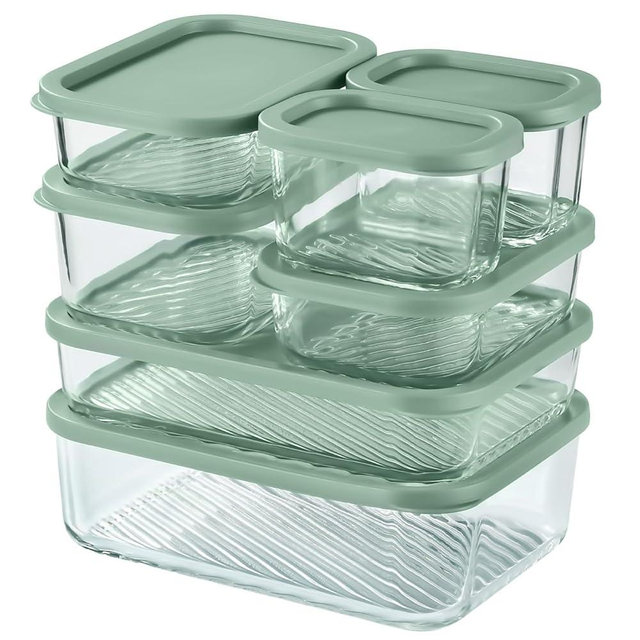 EATEX 7 Pack Glass Meal Prep Containers with Grooved Base, 7 Stackable BPA Free Glass Storage Containers with Lids for Lunch, Pantry, and Kitchen - Microwave, Dishwasher Freezer & Oven Safe - Sage