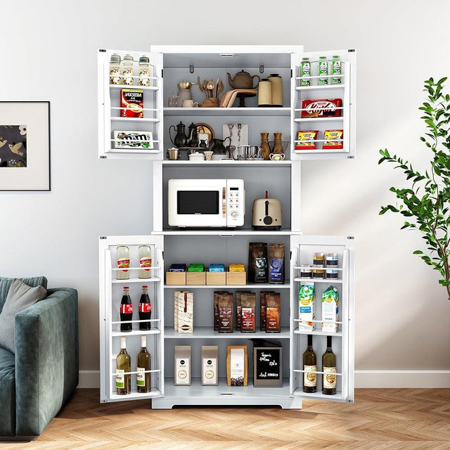 HLR 72" Kitchen Pantry Storage Cabinet, Freestanding Larder Cupboard, Kitchen Hutch Cabinet with Microwave Stand,Utility Pantry with Doors and Shelves for Dining Room, Living Room, Laundry