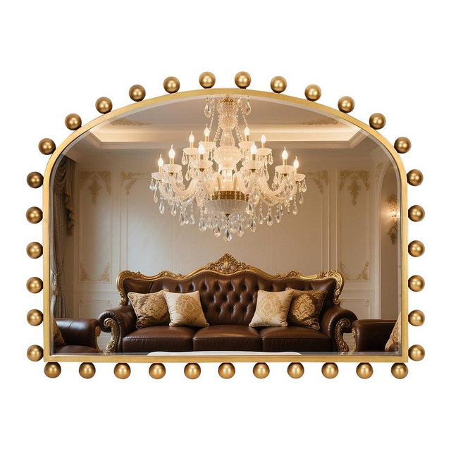 CAVINHOME 36"x28" Wide Arched Wall Mirror, Antique Gold Ball Frame with Beveled Glass, Large Horizontal Mantel Piece Over Fireplace or Above Sofa, Statement Metal Frame for Living Room