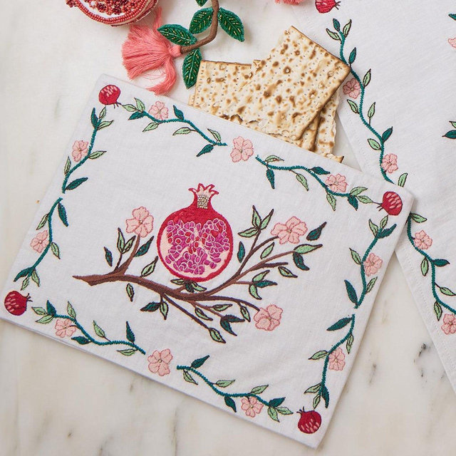 Embroidered Afikoman Bag with Pomegranate, Hand-Crafted Matzo Cover, Handmade Passover Linens