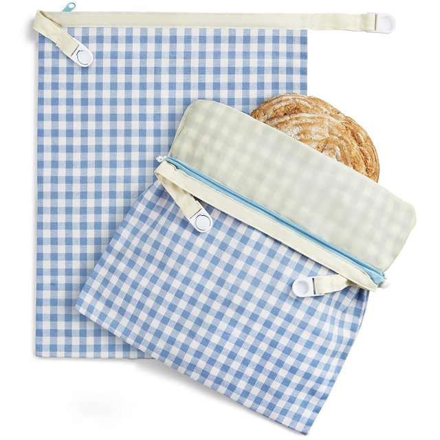 BRONYPRO Reusable Beeswax and Linen Bread Bags with Zipper, 2-Pack Waxed Bread Bags for Homemade Bread & Sourdough, Sustainable Loaf Storage to Lock in Freshness, Large 17x12.6in, Blue Gingham