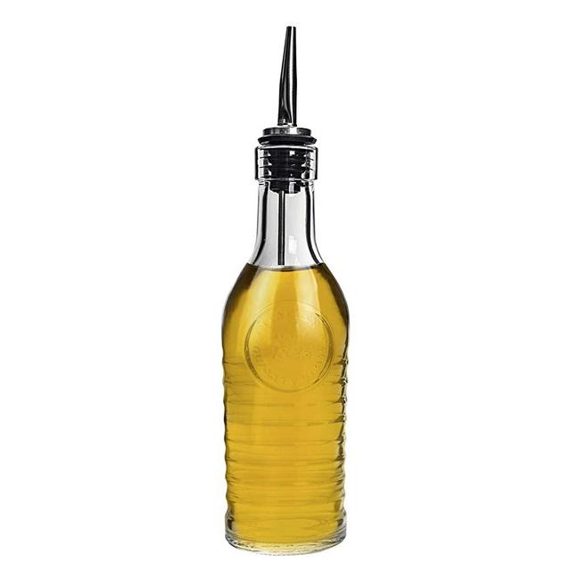 Bormioli Rocco Officina 1825 Olive Oil Bottle Dispenser, 9 Oz. Glass Bottle, With Stainless Steel Pourer Spout, Made In Italy.