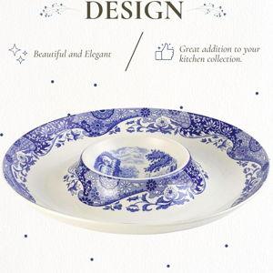 Spode Blue Italian Chip & Dip Set - 14.5 Inch Porcelain Serving Bowl with Center Sauce Dish - Dishwasher, Microwave, Freezer Safe - Elegant Serveware for Parties & Entertaining