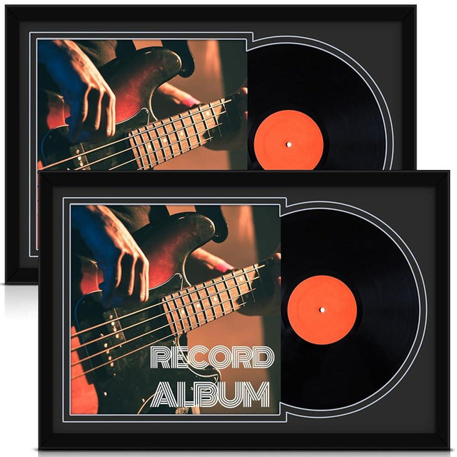 Colingmill 2 Pcs Vinyl Record Display Frame 16x22 Inches Double Groove Record Album Frame and 12.5×12.5 Inch Album Cover Art for Wall Mounting Home Decor (Black Matting)