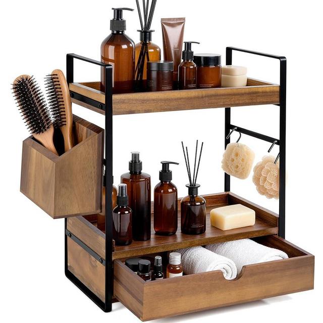 2-Tier Bathroom Counter Organizer with Drawer and Basket, Acacia Wood Countertop Organizer for Storage, Skincare Organizers for Vanity, Counter Shelf for Bathroom Organization(Acacia wood-Dark Brown)