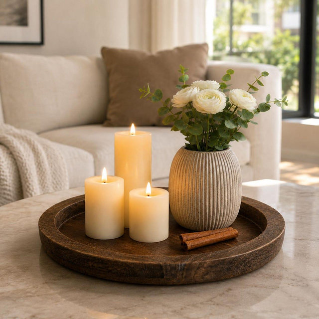 Rustic Wood Round Candle Tray | Decorative Candle Holder Tray | Rustic Candle Centerpiece | Farmhouse Coffee Table Decor | Wedding Gift