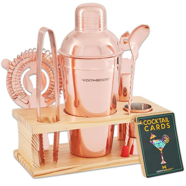 Mixology Bartender Kit - 8-Piece Copper Cocktail Shaker Set with Pine Wood Stand, Recipe Cards, and Bar Accessories Ideas