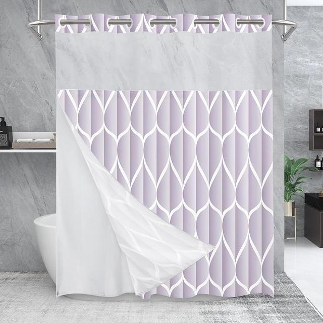 Yiatn No Hook Plum Shower Curtain with Snap in Fabric Liner Set - Hotel Style with See Through Mesh Top Window, Modern Geometric Waterdrop Design,Waterproof and Washable, 71x74 INCH