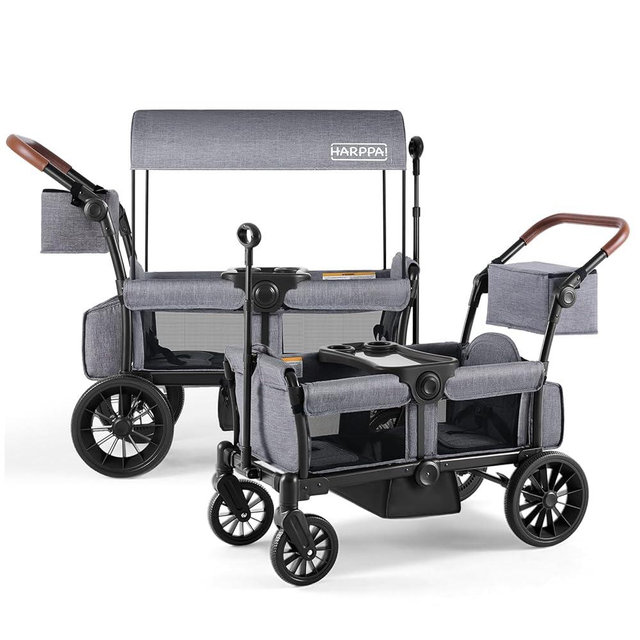 HARPPA All-Terrain Wagon Stroller for 2 Kids, Foldable Outdoor & Beach Stroller Wagon with Removable Canopy, Adjustable Push & Pull Handle, Footwell & Large Storage, Grey
