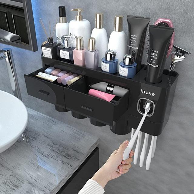 iHave Toothbrush Holder for Bathroom Storage, 4 Cups Toothbrush Holder Wall Mounted with Toothpaste Dispenser Bathroom Set, Large Capacity Tooth Brushing Holder Bathroom Organization and Storage