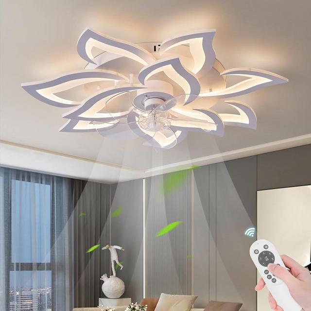 Bevenus Ceiling Fans with Lights,32" Flower Flush Mount Ceiling Fan with Remote/App Control,Dimmable LED Low Profile Ceiling Fan with 6 Speeds for Bedroom,Dining Room,Kitchen.White,120V