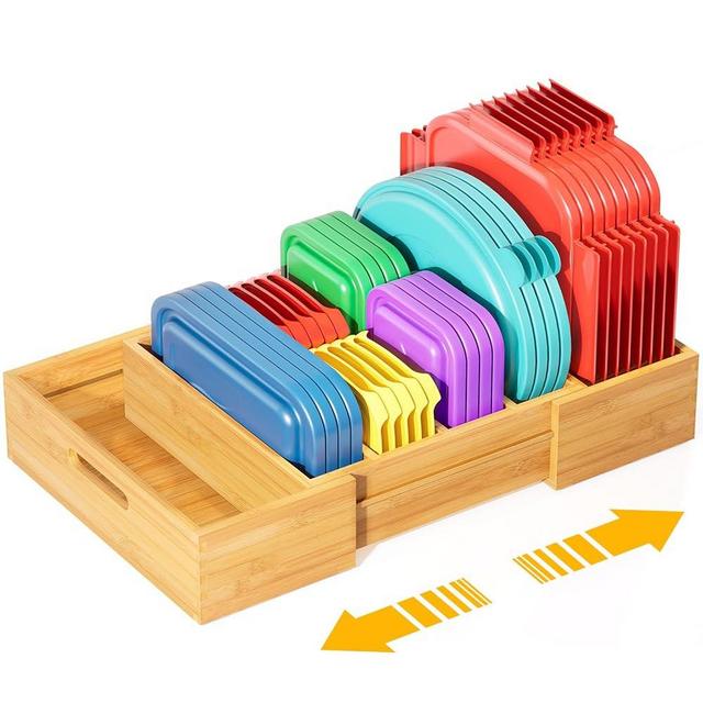 Kiasthome Expandable Bamboo Lid Organizers Inside Cabinet, Kitchen Cabinet Organizers with 3 Adjustable Dividers, Storage Plastic Lids, Food Container Lid Holder Organizer for Drawer Pantry, Nature