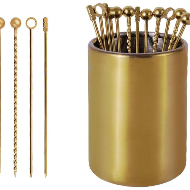 Lexenic 12Pack Metal Cocktail Picks + Holder Kit, Premium 304 Stainless Steel Cocktail Toothpicks,Reusable Skewers,Garnish Picks, Martini Picks for Olives Appetizers Fruit (4 Styles Golden)