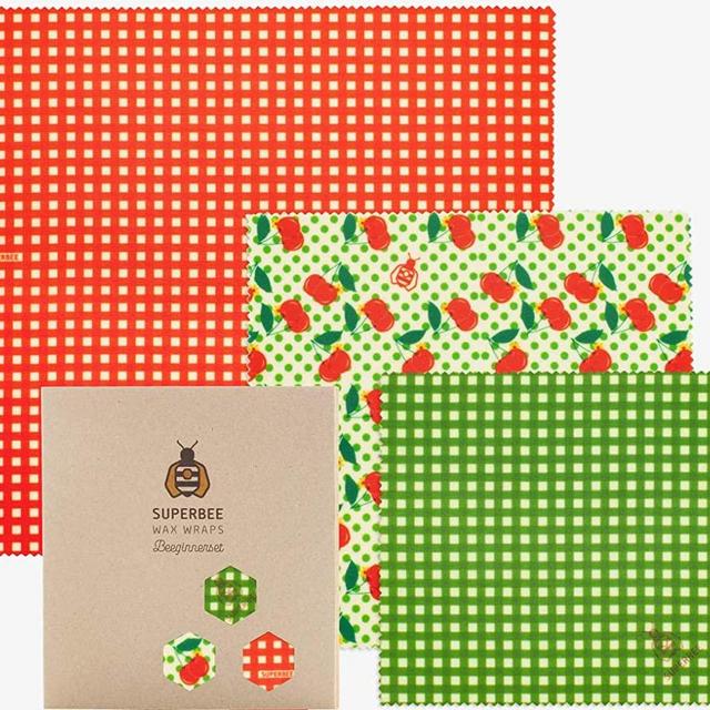 SuperBee Premium Beeswax Wraps | Set of 3: Small, Medium and Large | Long-Lasting, Organic, Eco Friendly & Ethical Trade Reusable Food Wraps - Cherry Popper