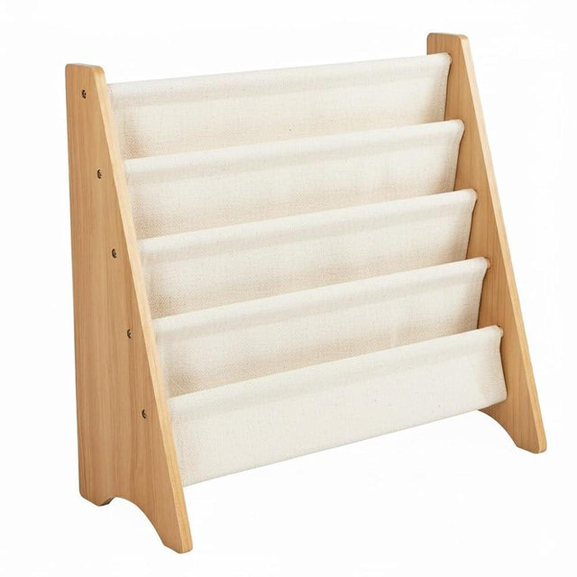 Humble Crew 4-Tier Kids Bookshelf, Natural/White - Premium Book Shelf for Kids Rooms with Four Deep Pockets - Toddler Sling Book Rack with Deep Sleeves, Nursery Bookcase Organizer